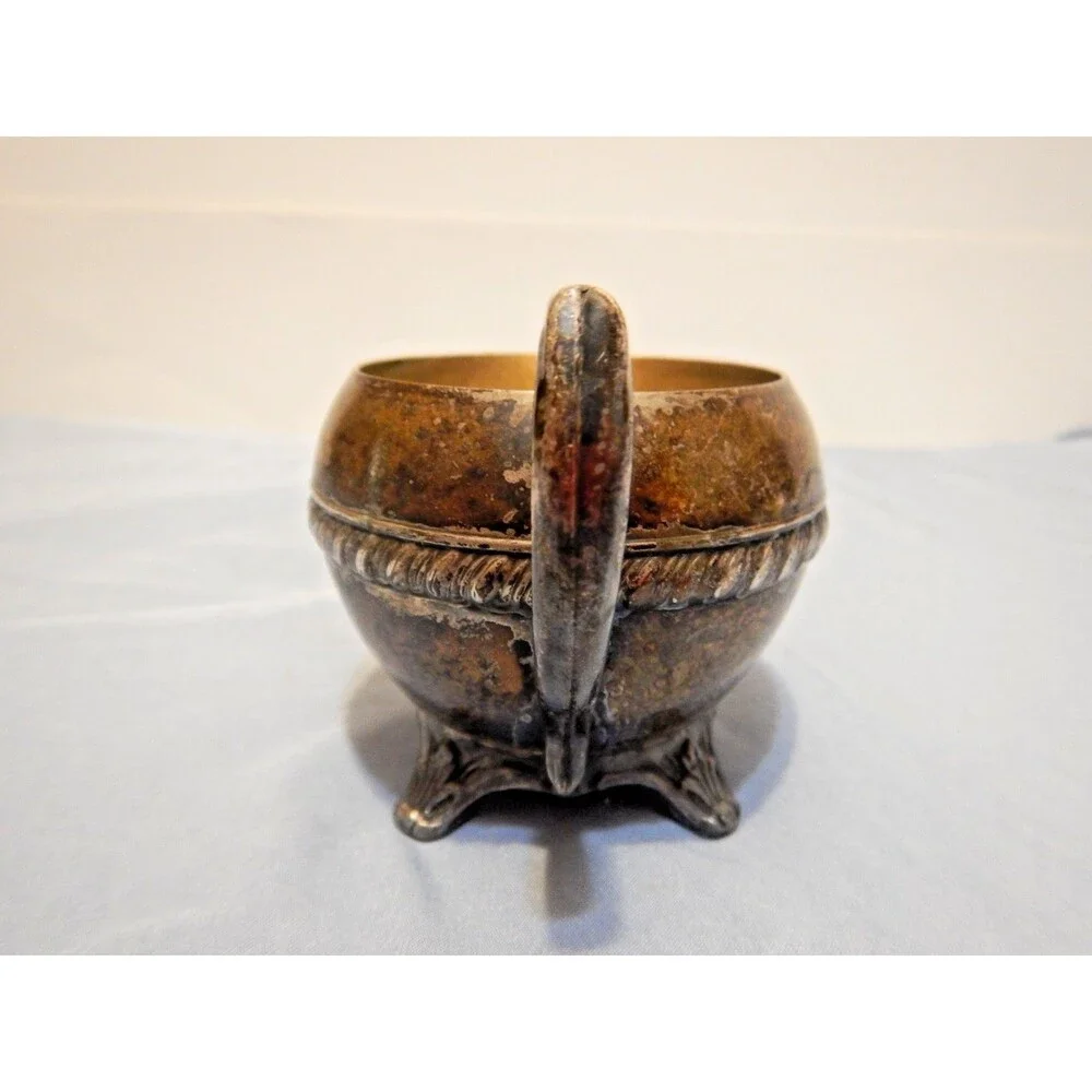 Antique Silverplate Sugar Bowl Twin Handle Footed Gadroon Border Scroll Feet